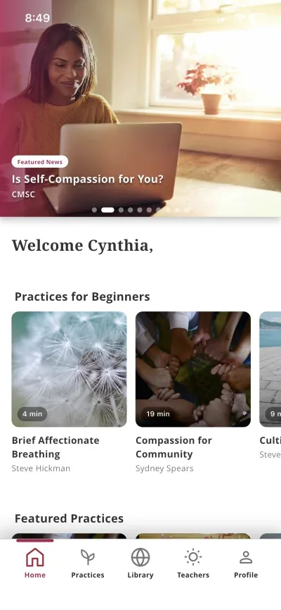 Preview of the Practice Self-Compassion app's home screen